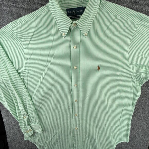 Ralph Lauren Men Button Up Shirt Long Sleeve Green Striped Classic 16.5 34/35 - Picture 2 of 16